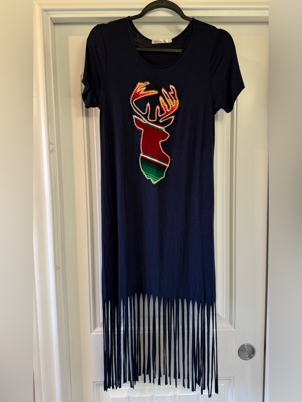 Navy Fringe Maxi Dress with Colorful Deer Graphic
